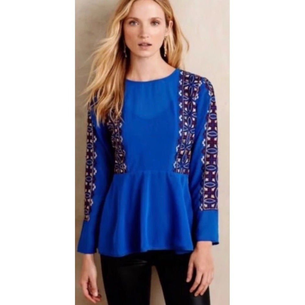 KAS New York Women's Blue Embroidered Tunic Peplum Top Boho Festival Style SZ SM